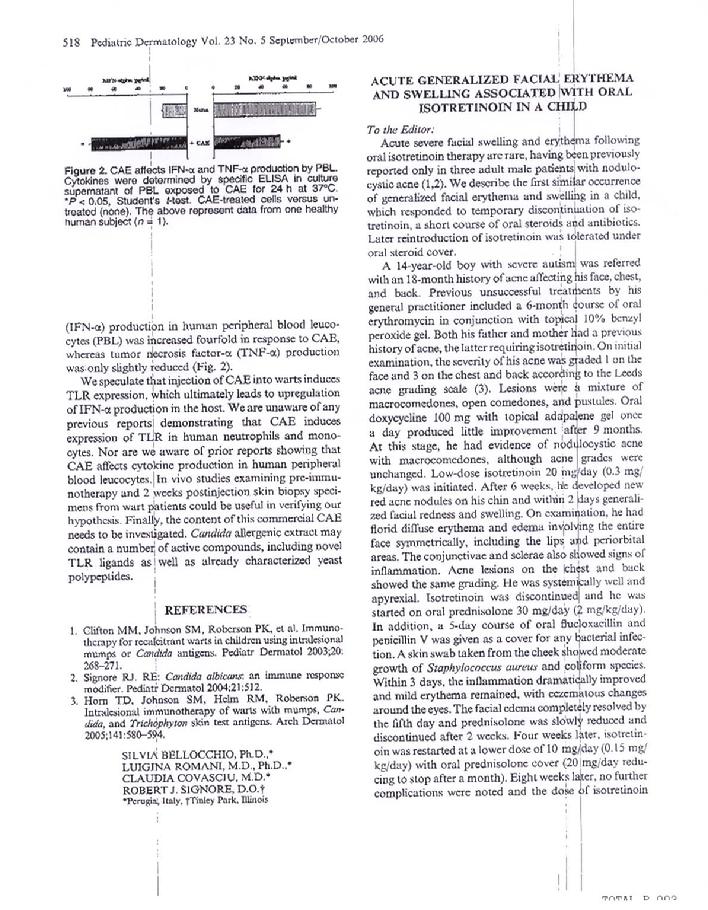 The above is Dr. Signore's published paper on Candida Immunotherapy of Warts & Toll-Like Receptors (page two):